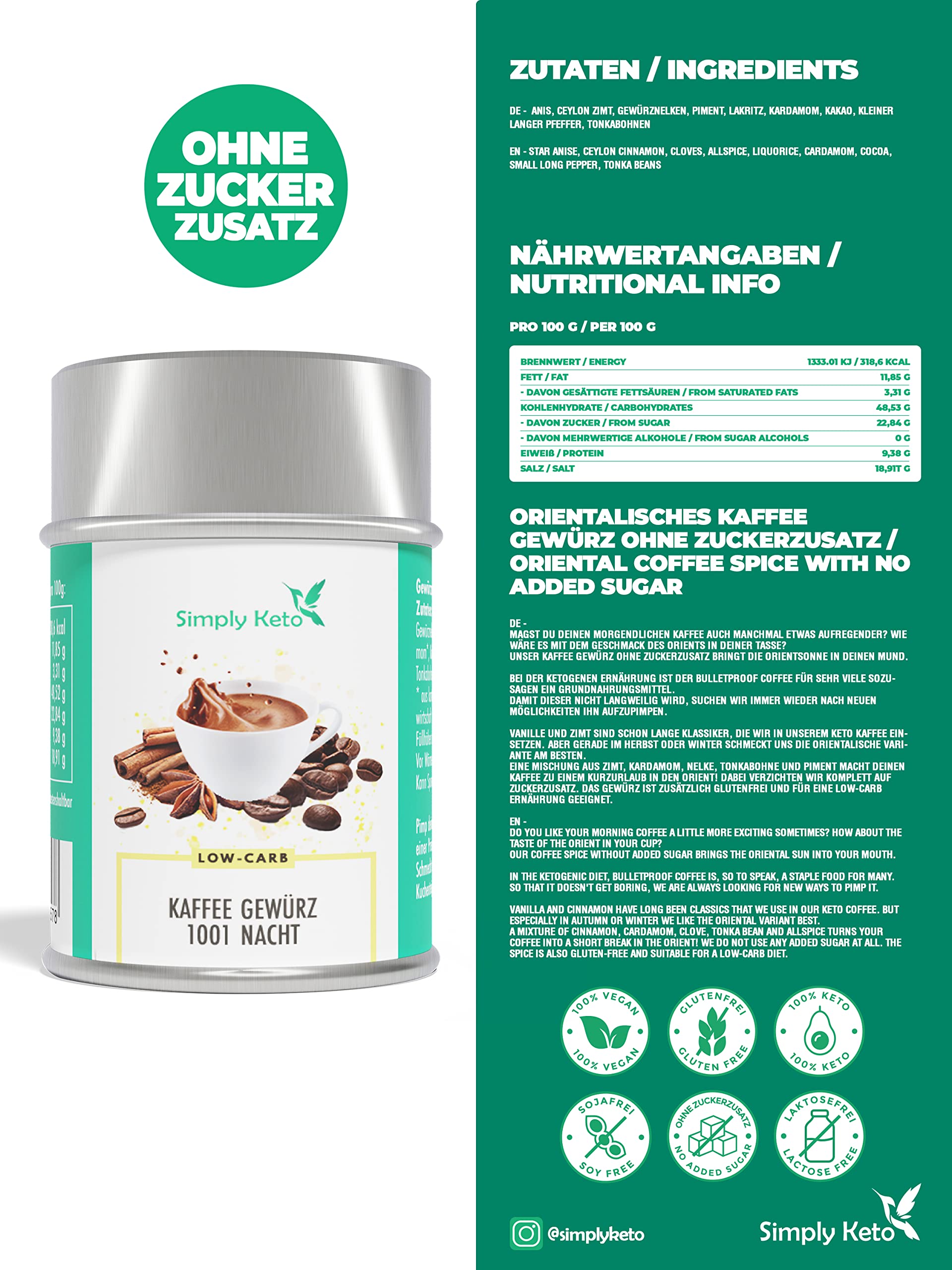Simply Keto Orientalisches Kaffeegewürz ohne Zucker 25 g