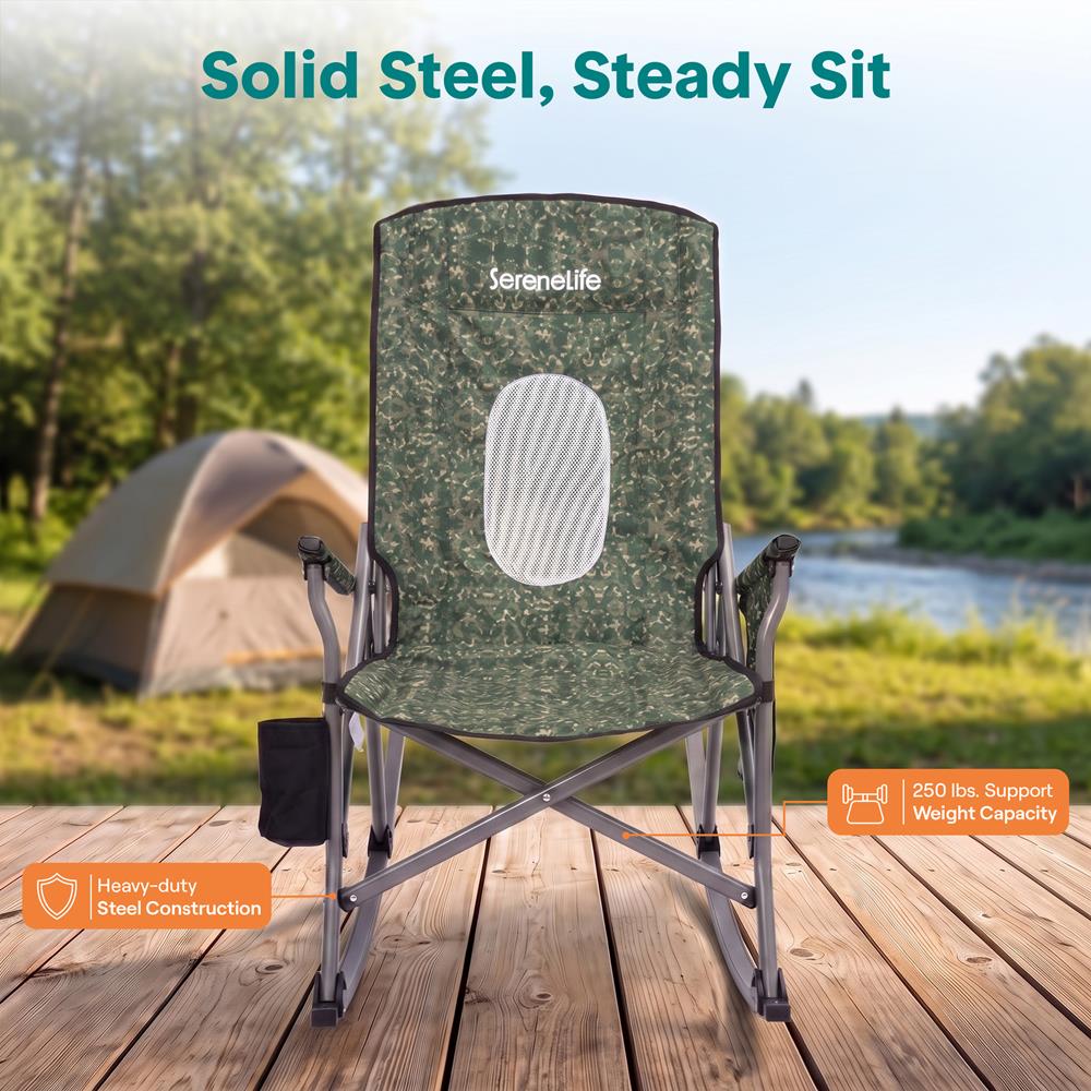 Serenelife Schaukelstuhl klappbar Hochlehner Grün Camouflage Becherhalter