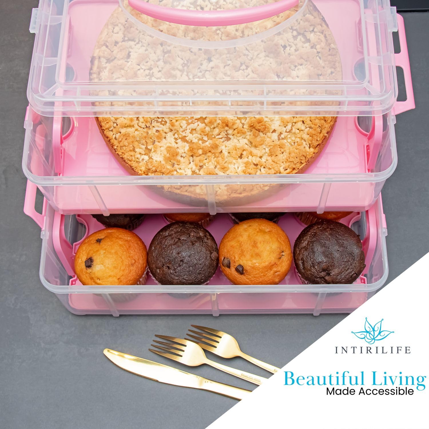 Intirilife Kuchenbox Pink 2 Etagen für 24 Cupcakes Kunststoff