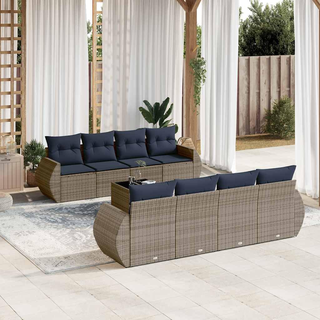 vidaXL 9-tlg Gartensofa-Set Polyrattan Grau-Blau mit Kissen