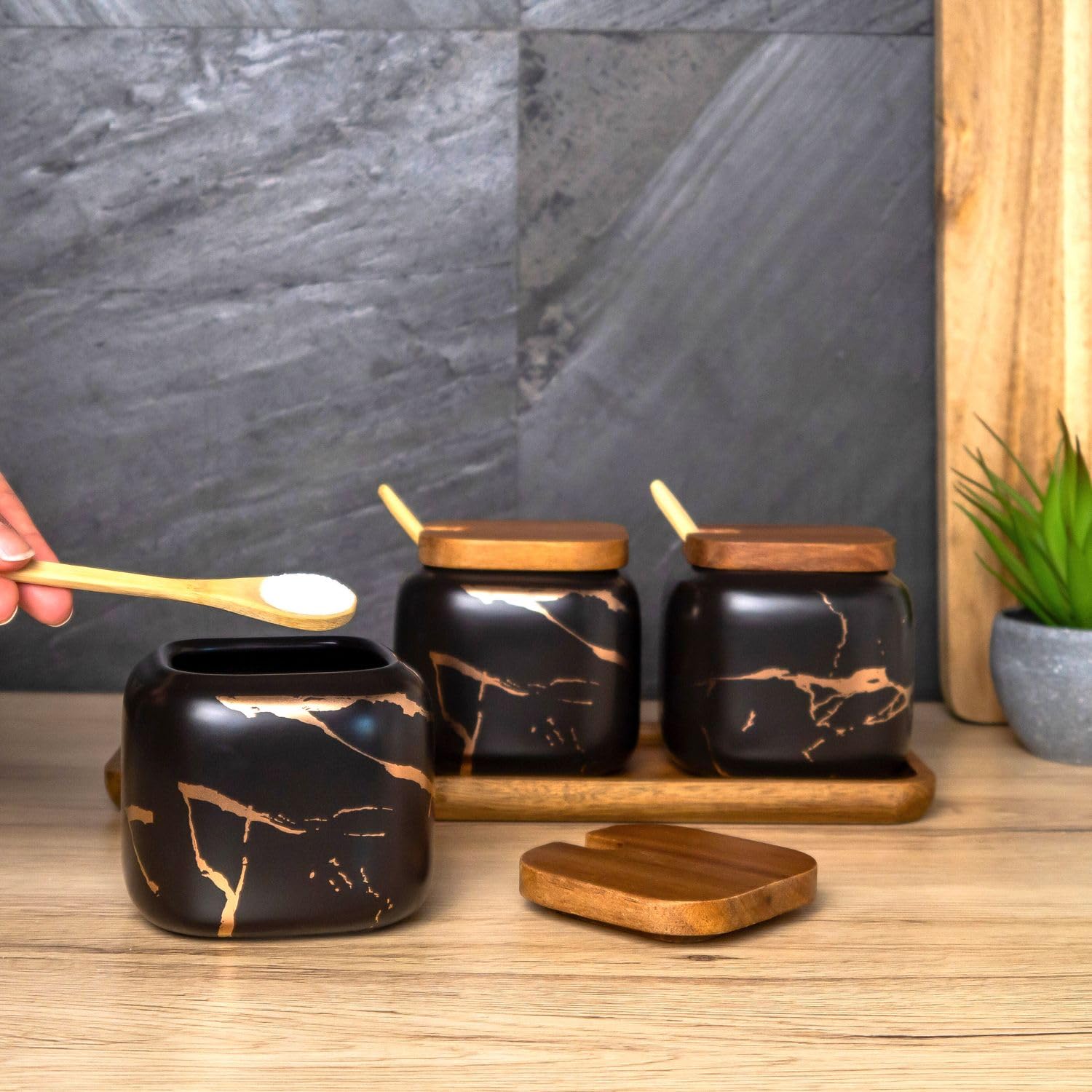 Intirilife Zuckerdose 3er Set Keramik Marmor Schwarz