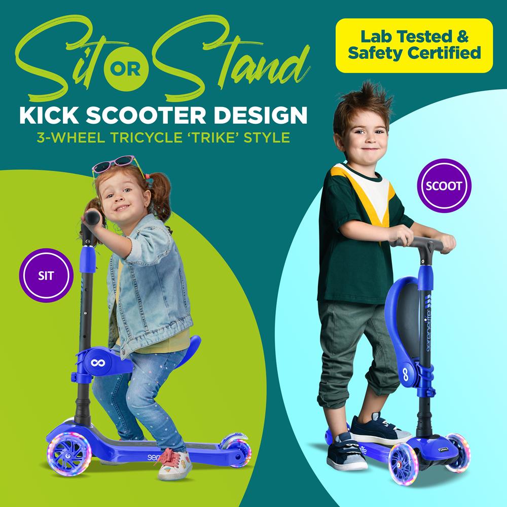 Serenelife Scooters Kinderroller 3-Rad Blau mit Sitz