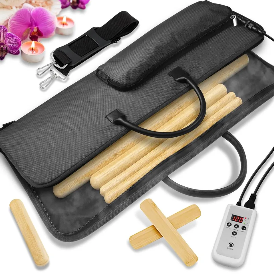 Serenelife Massage Bambus Massage-Set 8 Stäbe mit Wärmetasche