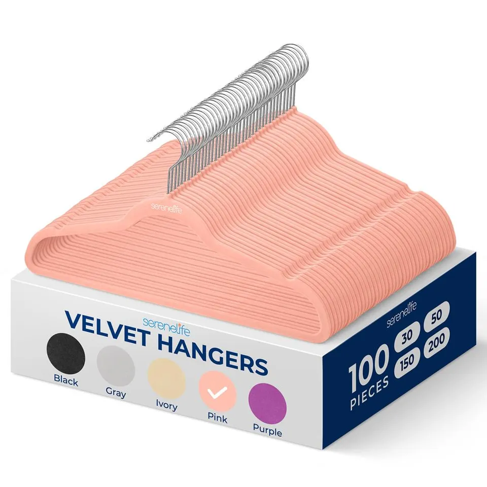 Serenelife Velvet Kleiderbügel 100er Pink rutschfest dünn