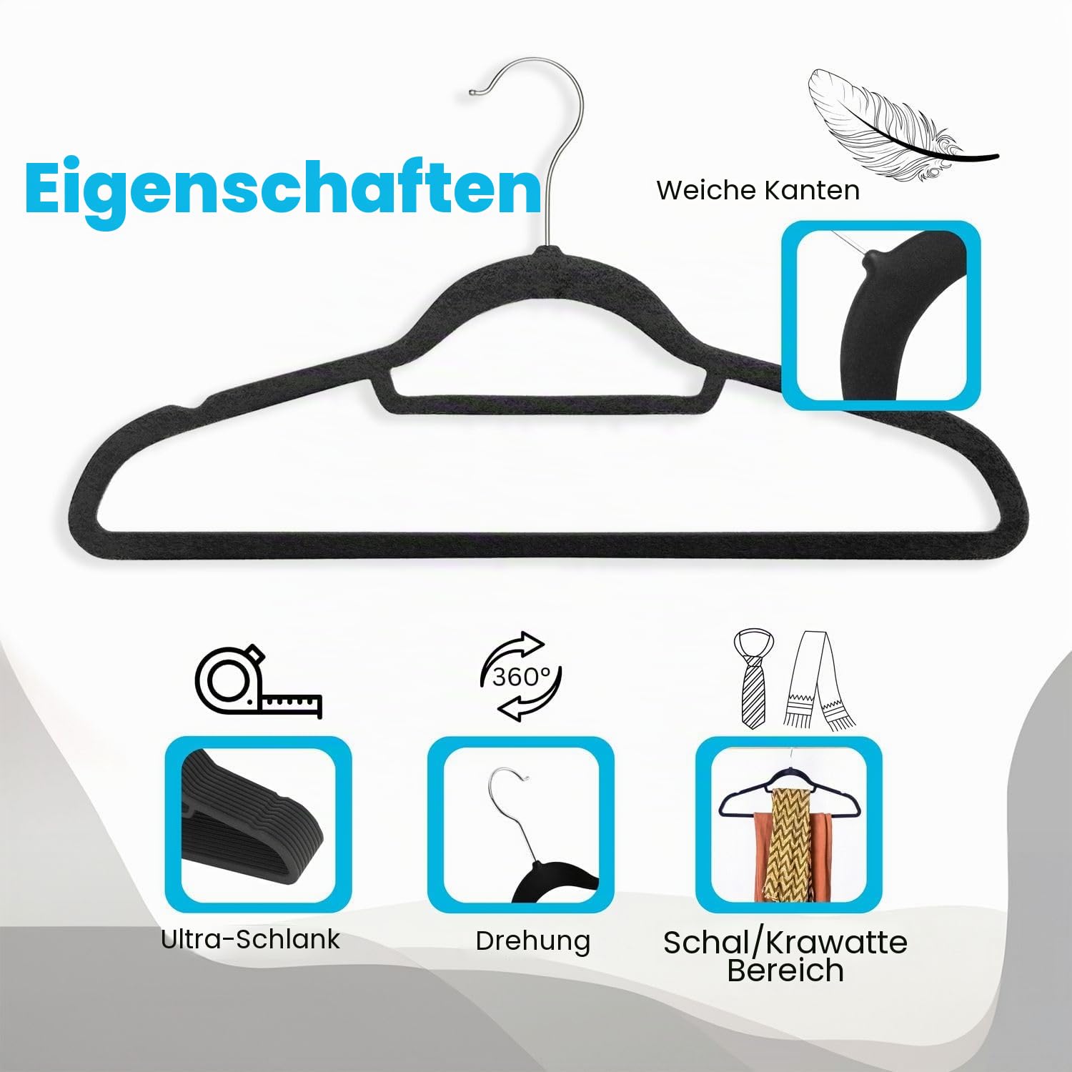 Intirilife Kleiderbügel Samt Schwarz 20 Stück 43,5 cm Antirutsch