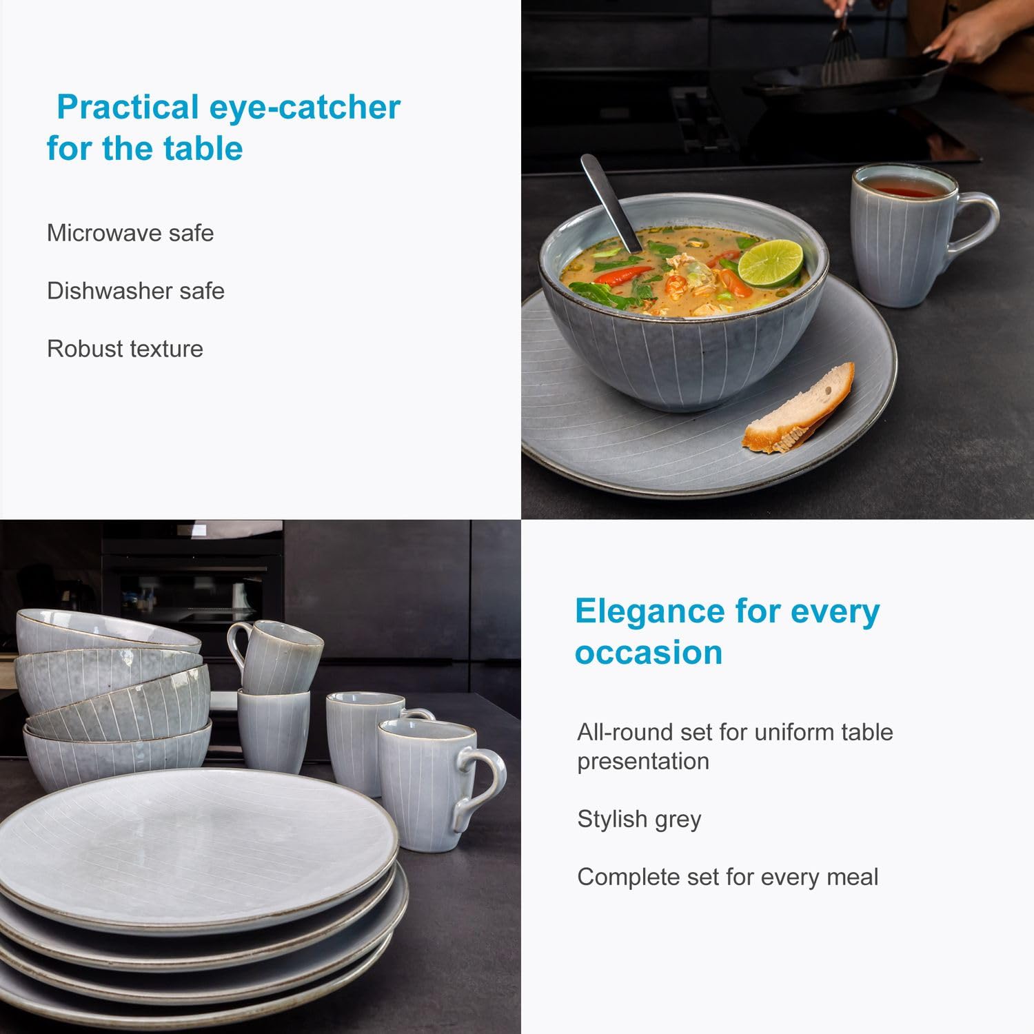 Intirilife Geschirr Set Keramik Grau 12-teilig 4 Personen