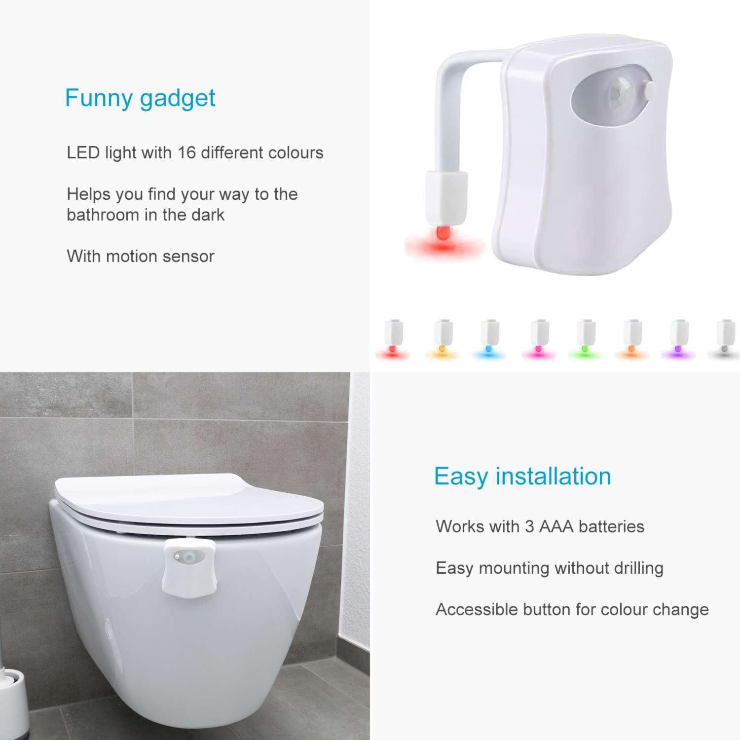 Intirilife Bad LED Toilettenlicht Weiß Bewegungsmelder 8 Farben