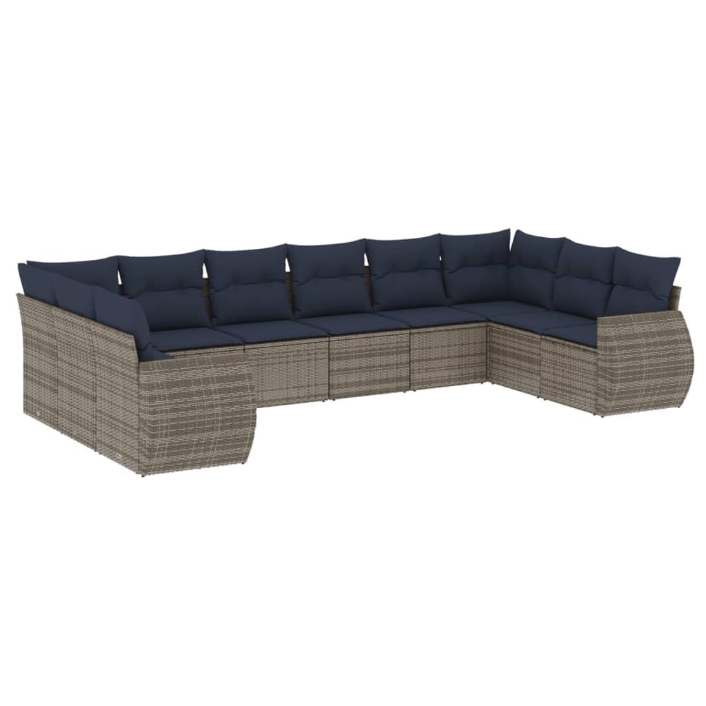 vidaXL Heim & Garten 10-tlg Gartensofa-Set Polyrattan grau-blau Kissen