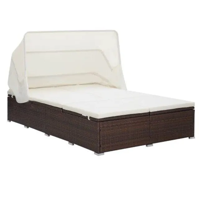 vidaXL Sonnenliege 2-Personen Poly Rattan Braun mit Dach