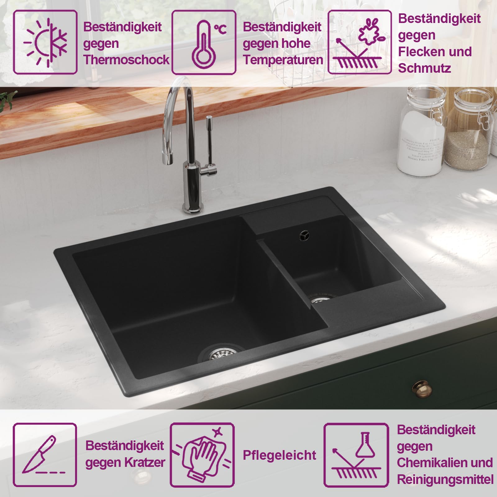vidaXL Heimwerkerbedarf Granitspüle Doppelbecken Schwarz 58cm
