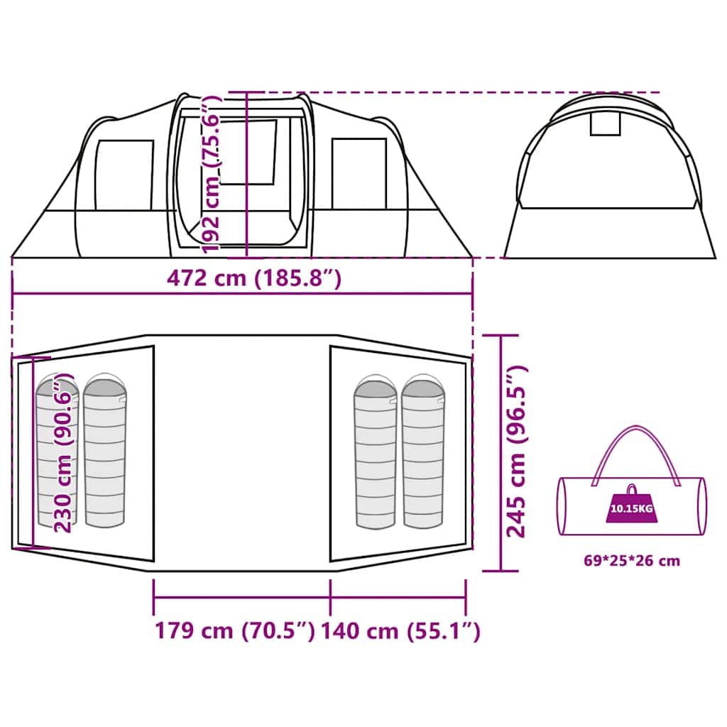 vidaXL Tunnelzelt 4-Personen Campingzelt Wasserdicht 2 Stk