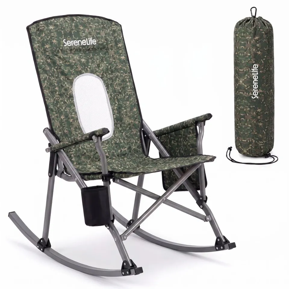 Serenelife Schaukelstuhl klappbar Hochlehner Grün Camouflage Becherhalter