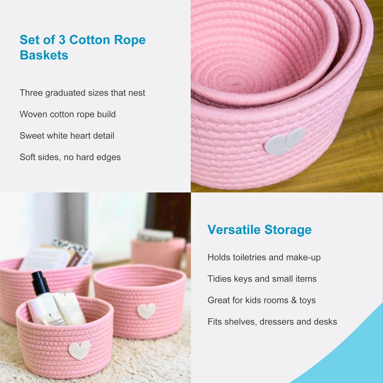 Intirilife Aufbewahrungskorb Set Rosa Herz Baumwolle 3er