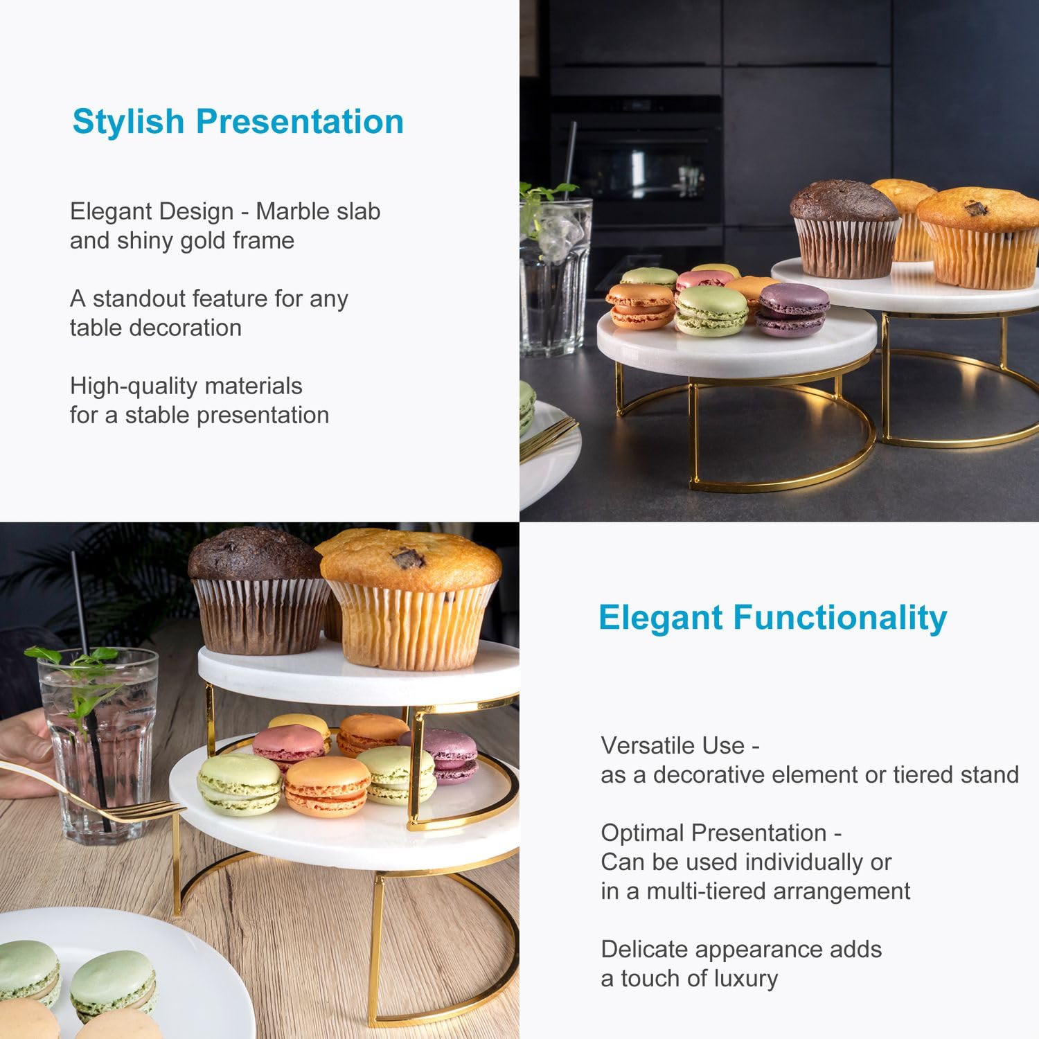 Intirilife Tortenständer Kuchenplatte 2er Gold Marmor Etagere