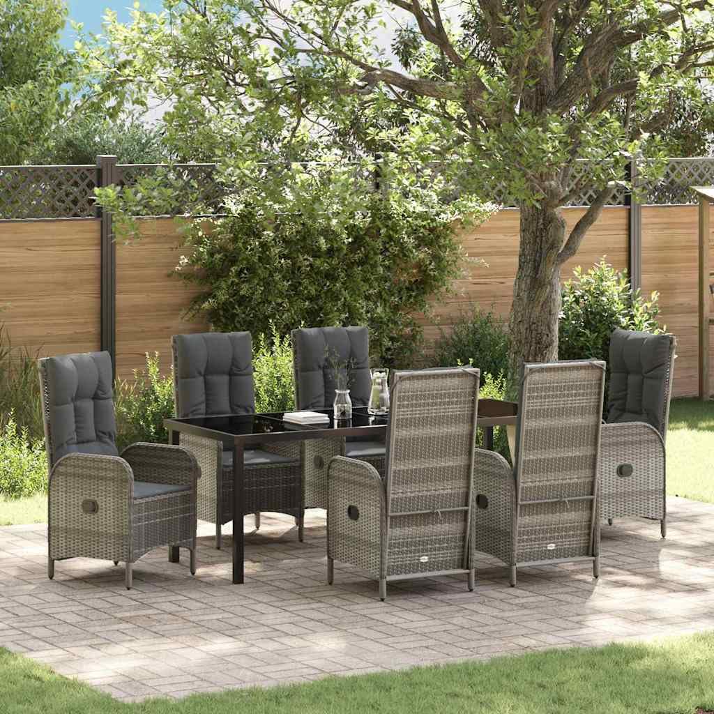 vidaXL Heim & Garten Essgruppe 7-tlg Grau Poly-Rattan Glas