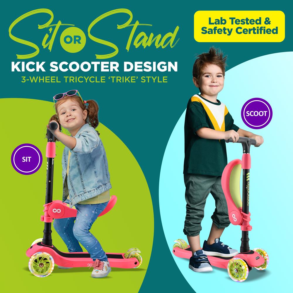 SereneLife Scooters Kinderroller 3-Rad mit Sitz LED