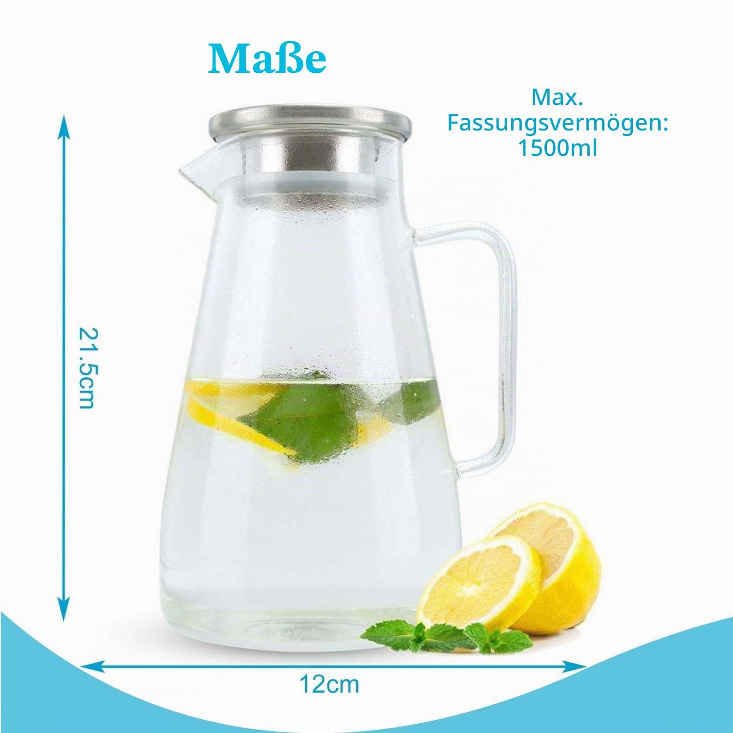 Intirilife Glaskaraffe 1500 ml Borosilikatglas Filterdeckel