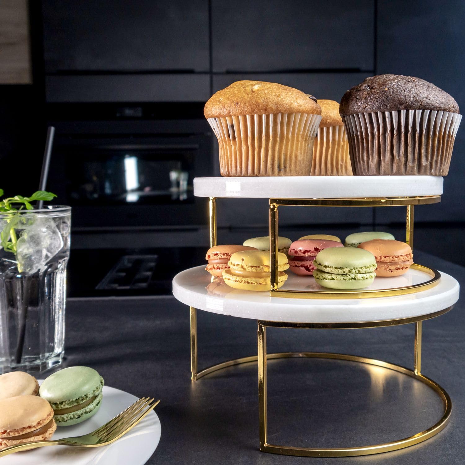 Intirilife Tortenständer Kuchenplatte 2er Gold Marmor Etagere