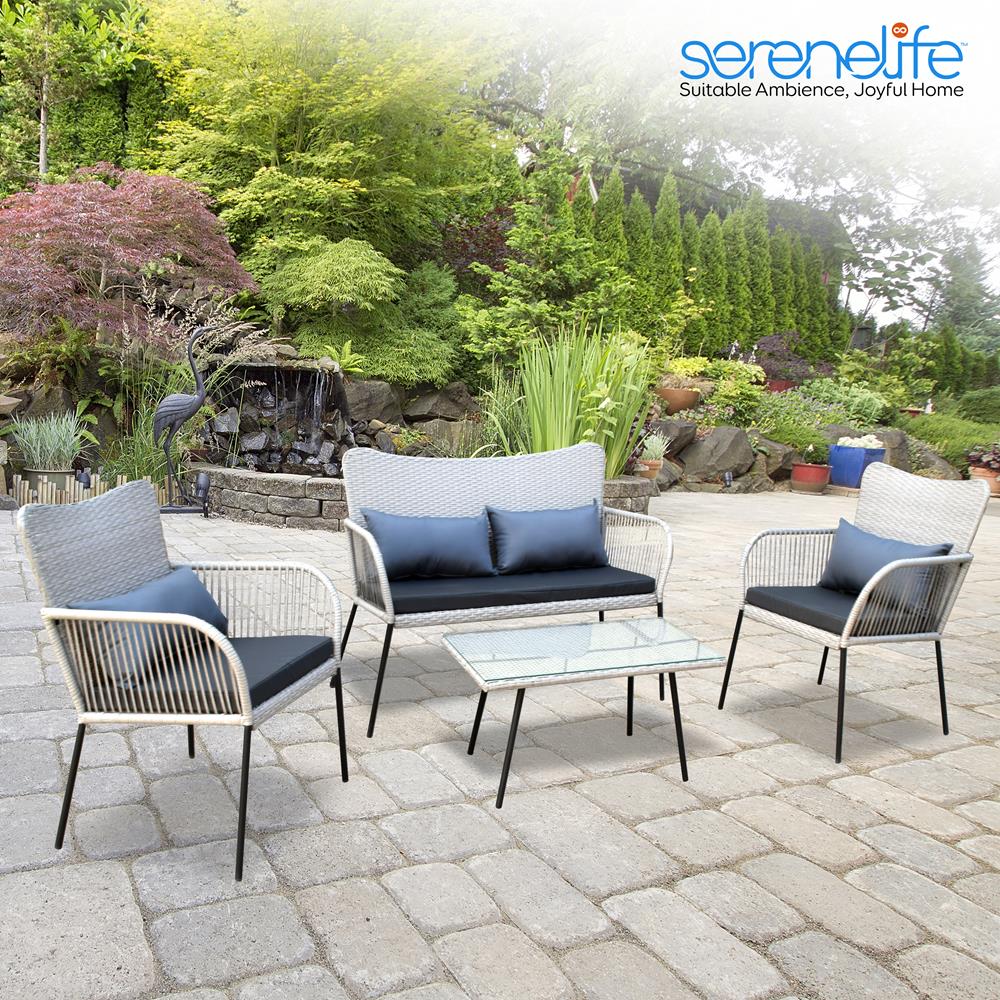 Serenelife Rattanmöbel Set 4-tlg hellgrau Glastisch