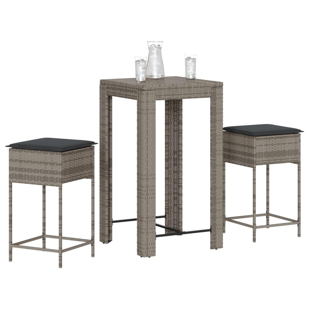 vidaXL Gartenbar Set 3-TLG Poly Rattan Grau mit Kissen