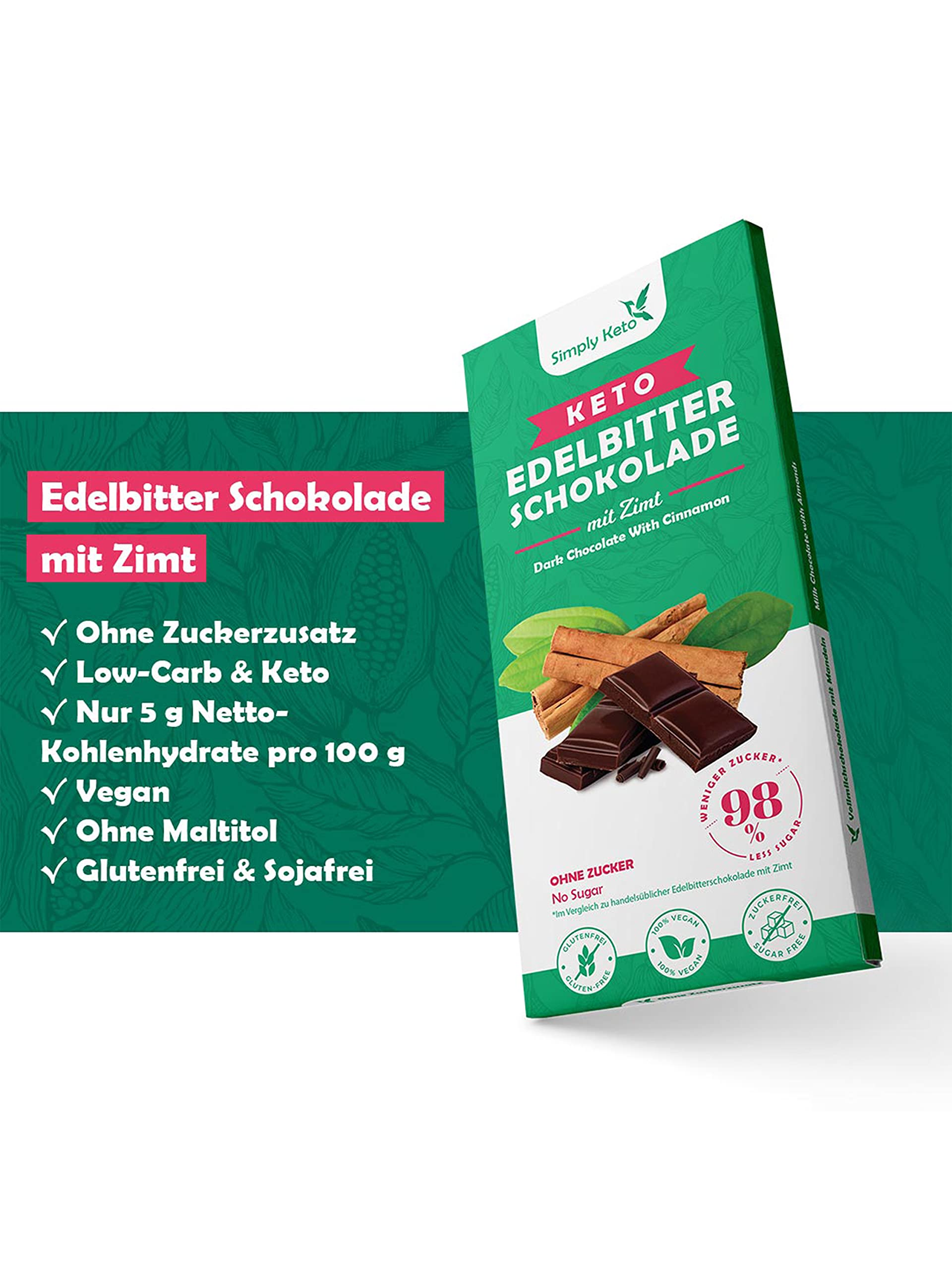 Simply Keto Schokolade Zimt 60% 125 g ohne Zucker