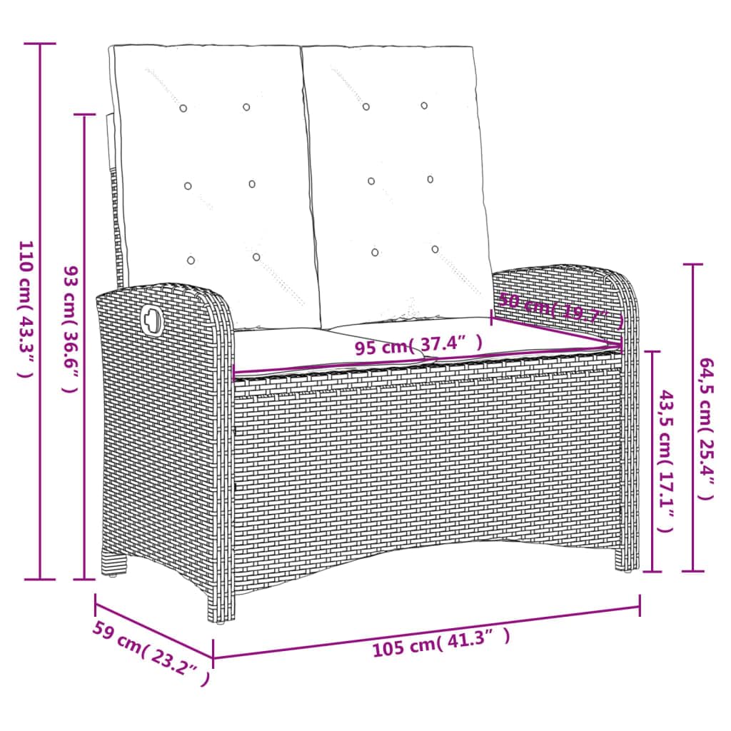 vidaXL Gartenbank Verstellbar 105x59x93 cm Schwarz Rattan Kissen