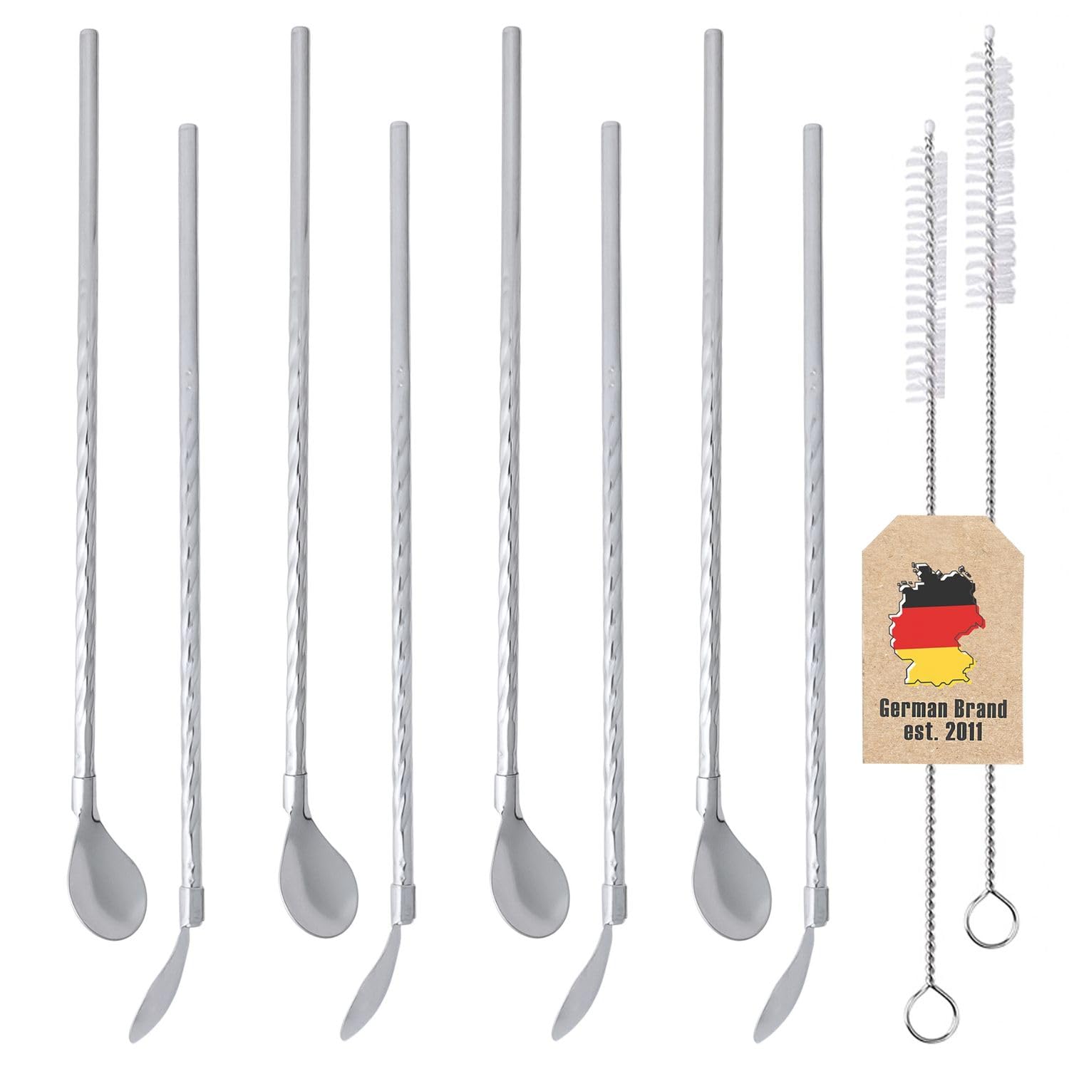 Intirilife Strohhalmlöffel Edelstahl Silber 22cm 8er mit Bürste