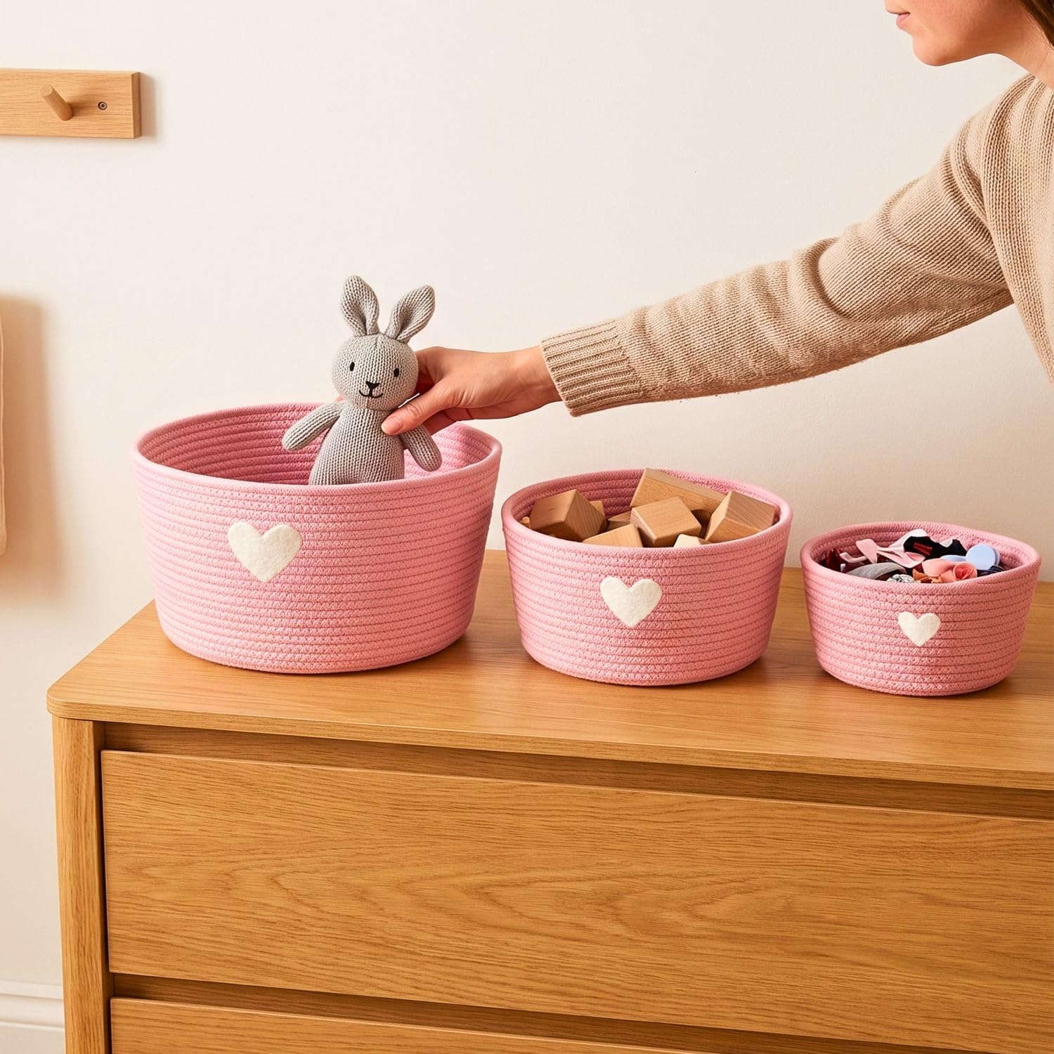 Intirilife Aufbewahrungskorb Set Rosa Herz Baumwolle 3er