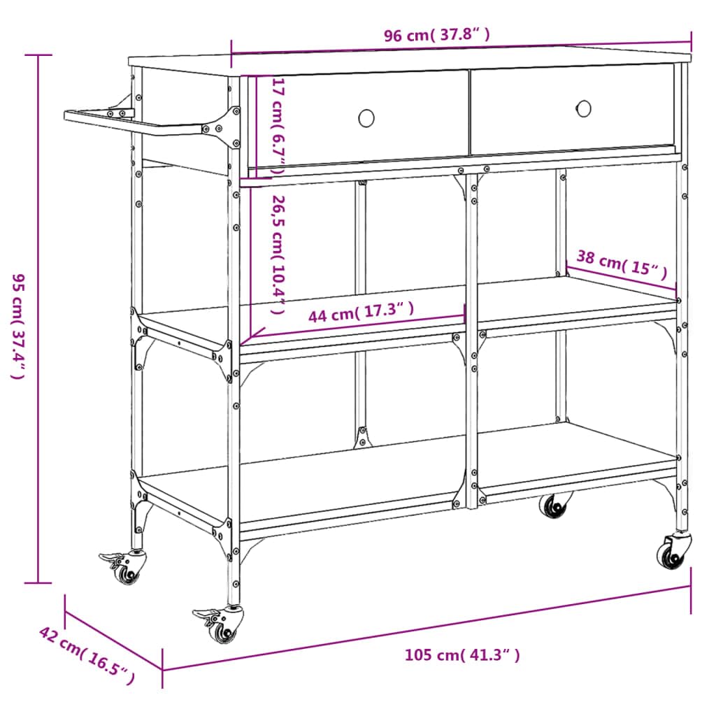 vidaXL Küchenwagen Grau Sonoma 105x42x95 cm Rollen