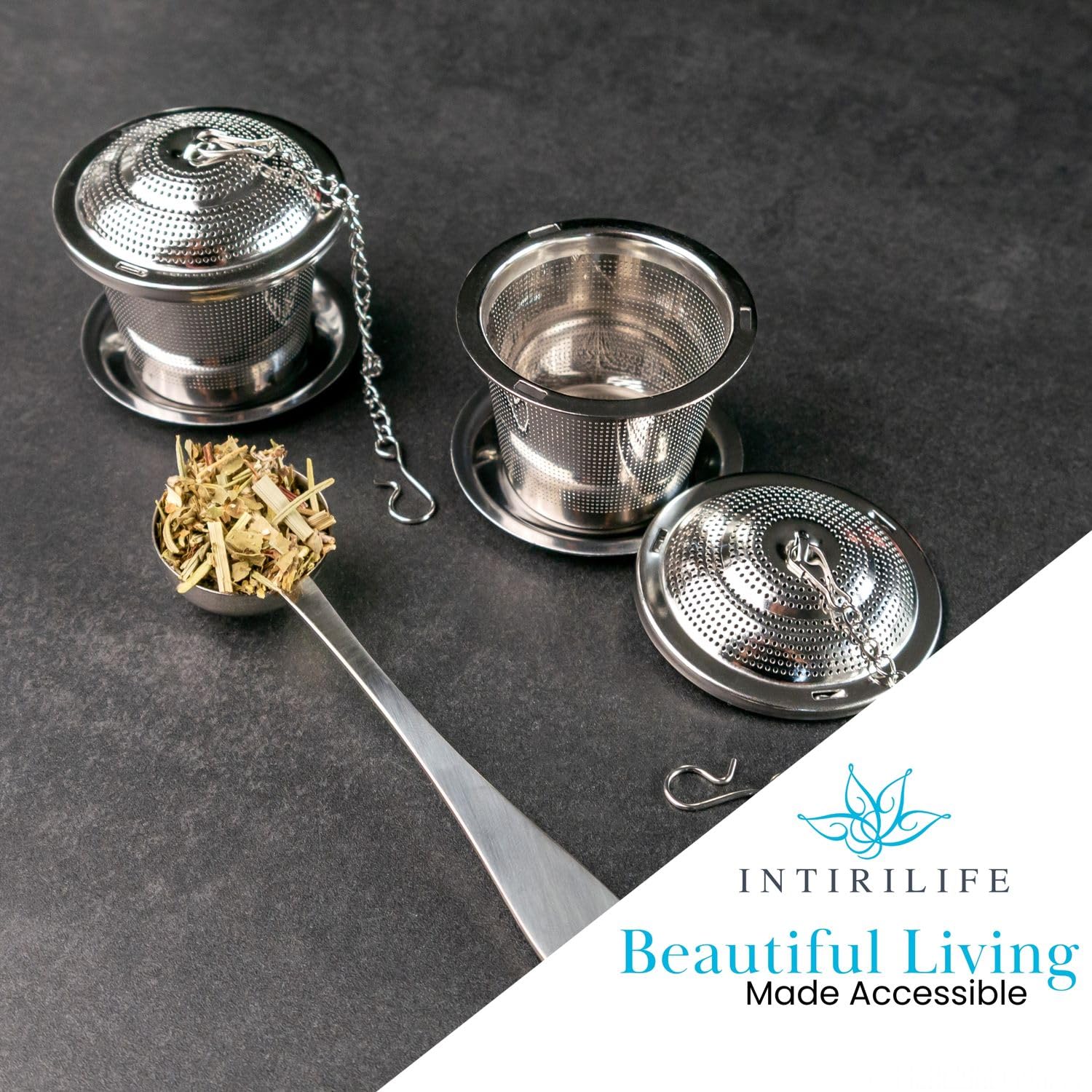 Intirilife Teeset Edelstahl 5-teilig Teesieb mit Kette silber