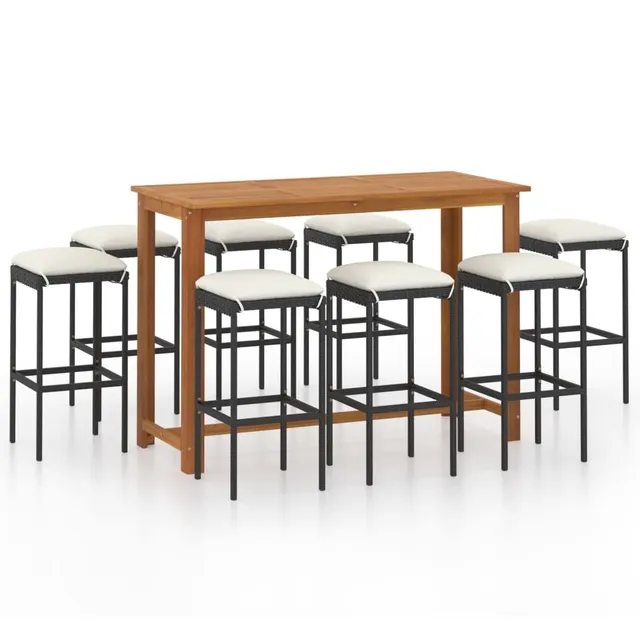 vidaXL Gartenbar Set 9-tlg Schwarz Akazie Rattan mit Kissen