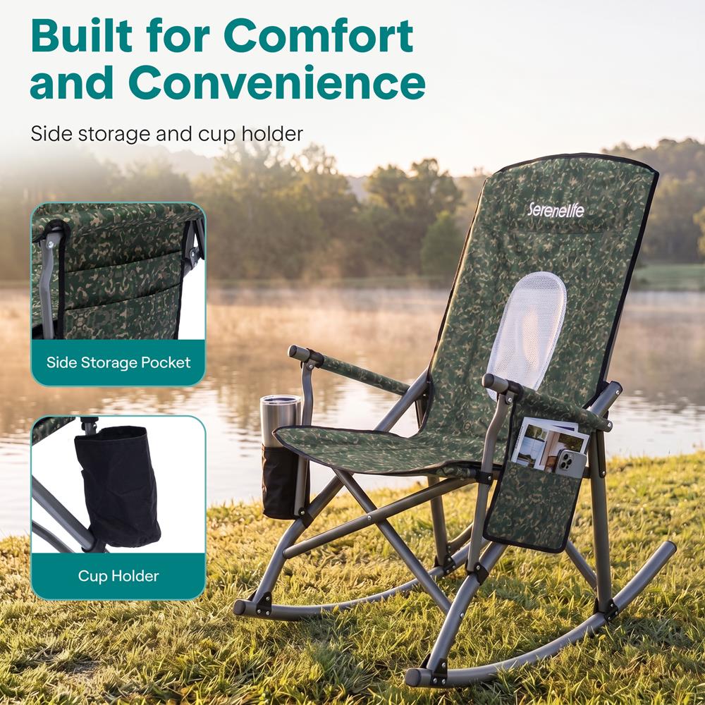 Serenelife Schaukelstuhl klappbar Hochlehner Grün Camouflage Becherhalter