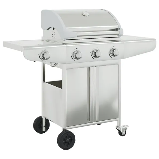 vidaXL Gasgrill 4 Flammen Edelstahl Silber mit Rädern