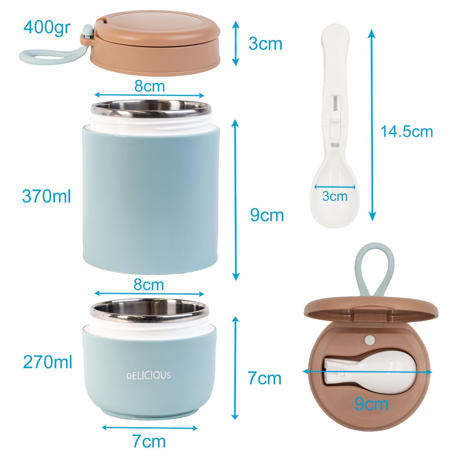 Intirilife Müslibecher Lunchbox blau 370ml Thermo mit Löffel
