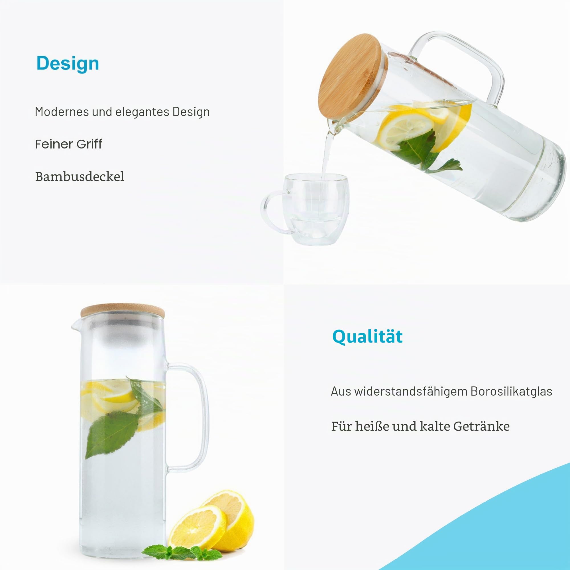 Intirilife Glaskaraffe Borosilikatglas 1,3 L Bambusdeckel