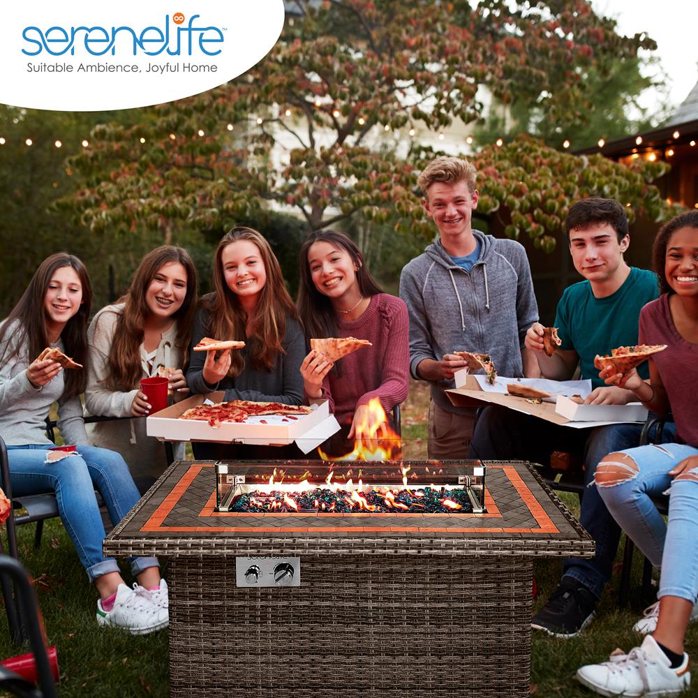 Serenelife Feuertisch Gas 50000 BTU Rattan Fliesen Windschutz