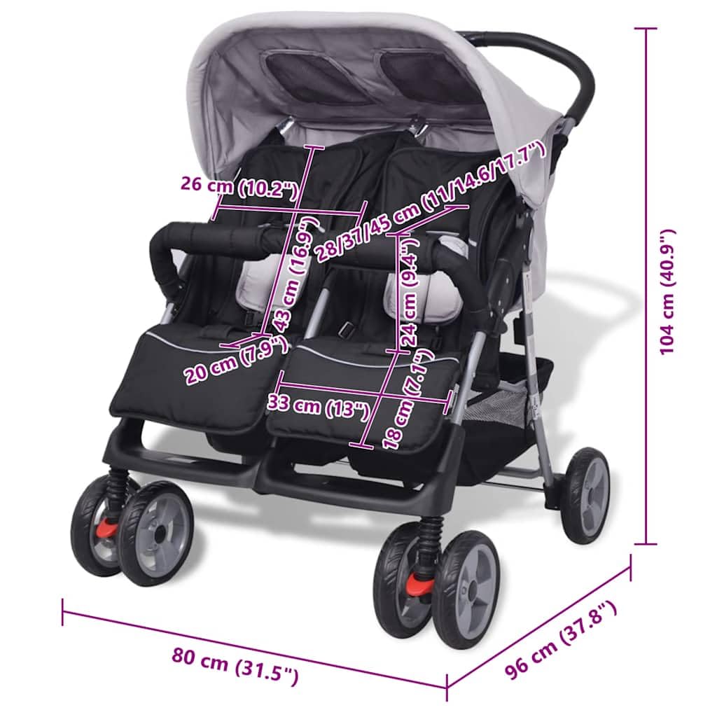 vidaXL Zwillingsbuggy Grau Klappbar Geschwisterwagen Doppelbuggy