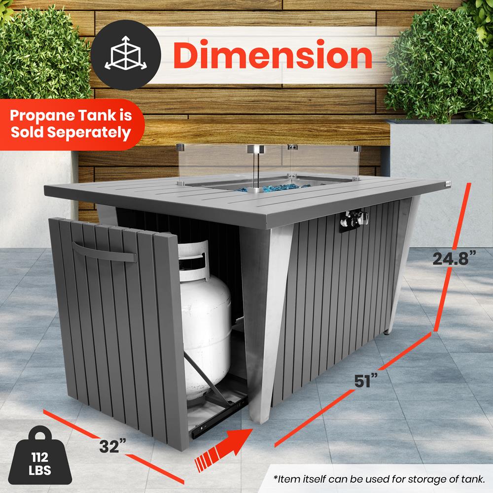Serenelife Fire Pit Feuertisch 50.000 BTU mit Glas-Windschutz