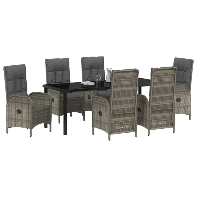 vidaXL Heim & Garten Essgruppe 7-tlg Grau Poly-Rattan Glas