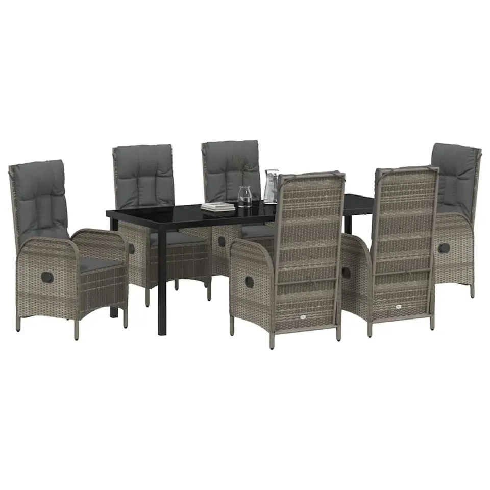 vidaXL Heim & Garten Essgruppe 7-tlg Grau Poly-Rattan Glas