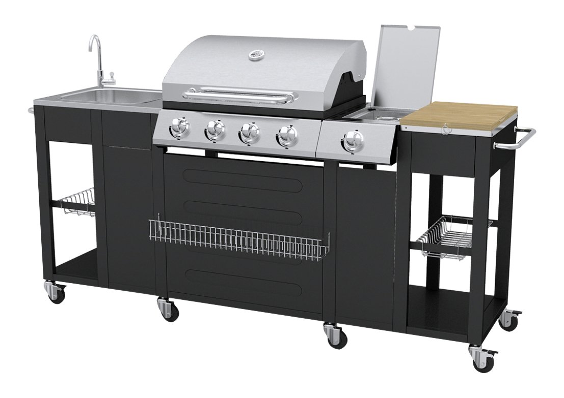vidaXL Gas-Grill 2900W Schwarz Edelstahl mit Spüle Grillwagen