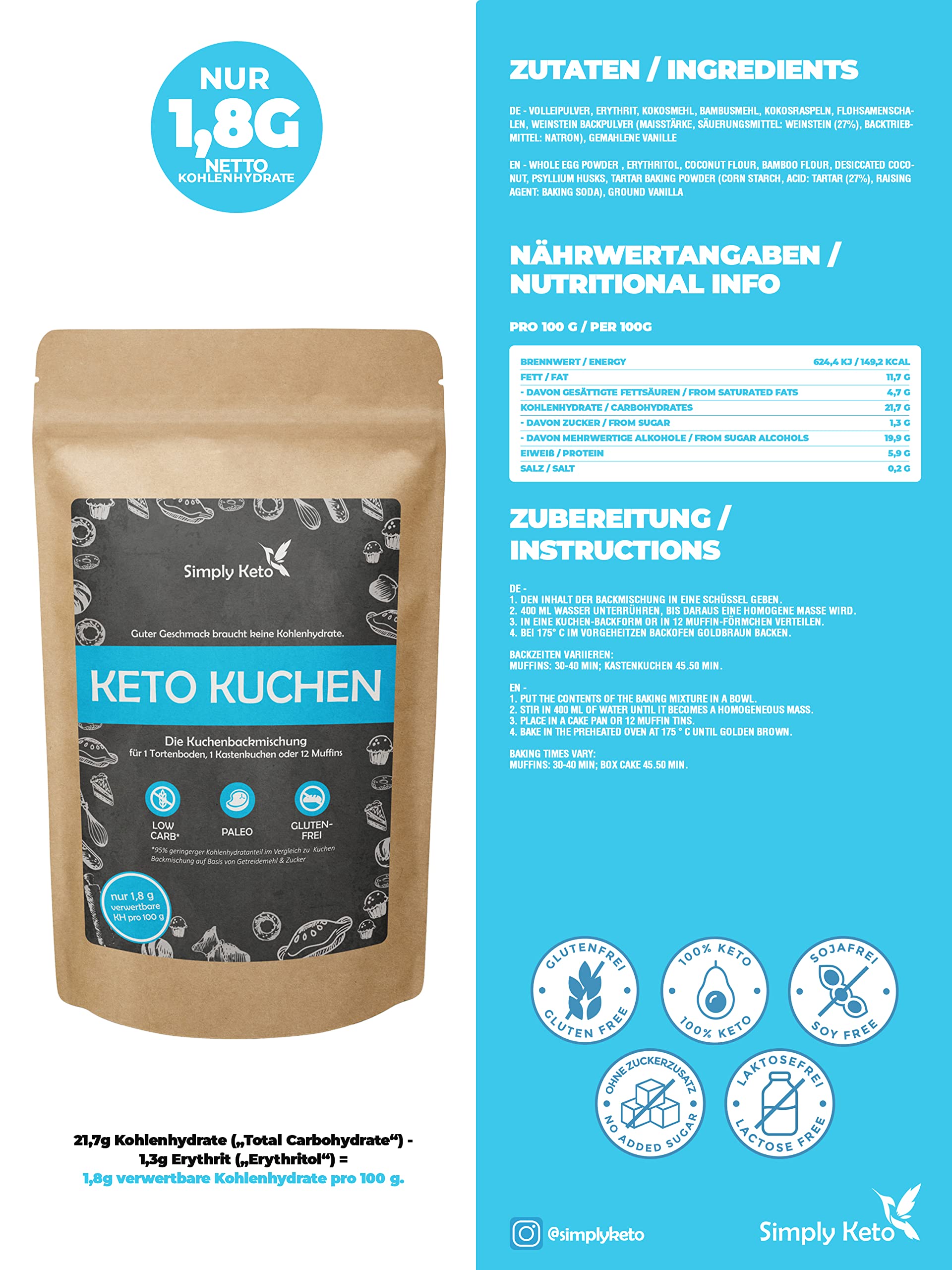 Keto Lower Carb Kuchen Backmischung 350g zuckerfrei