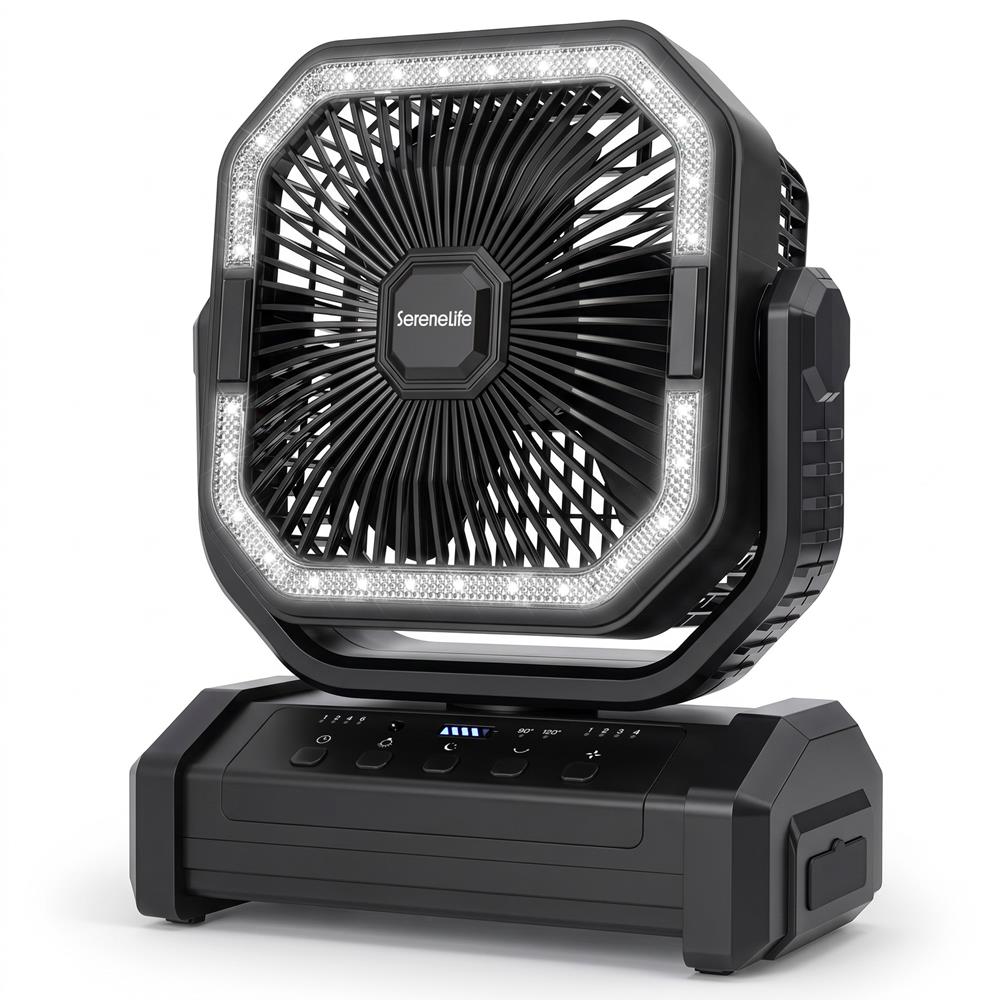 Serenelife Camping Akku Ventilator Schwarz 10000mAh mit LED