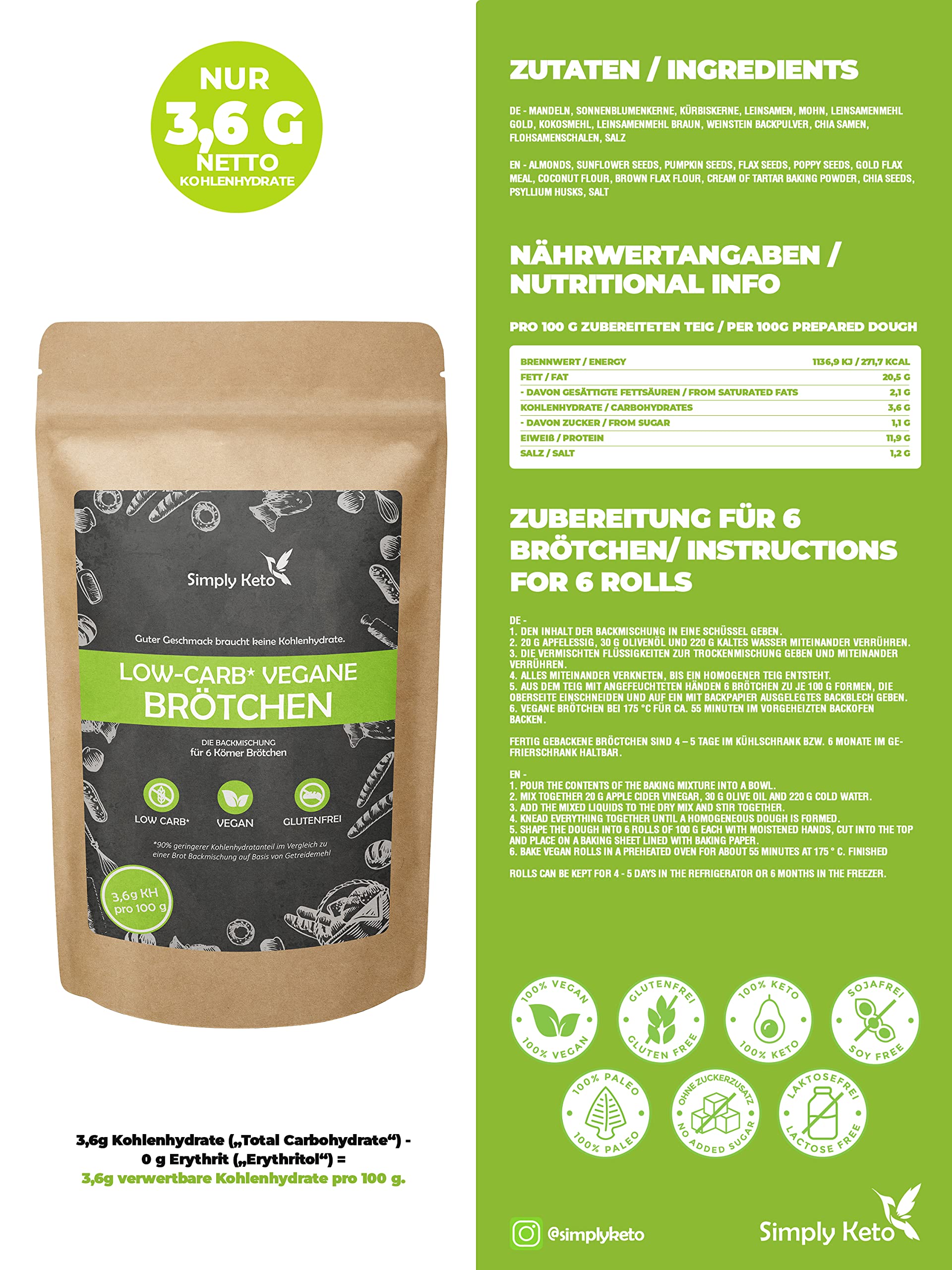 Keto Vegane Lower Carb Brötchen Backmischung 335g glutenfrei