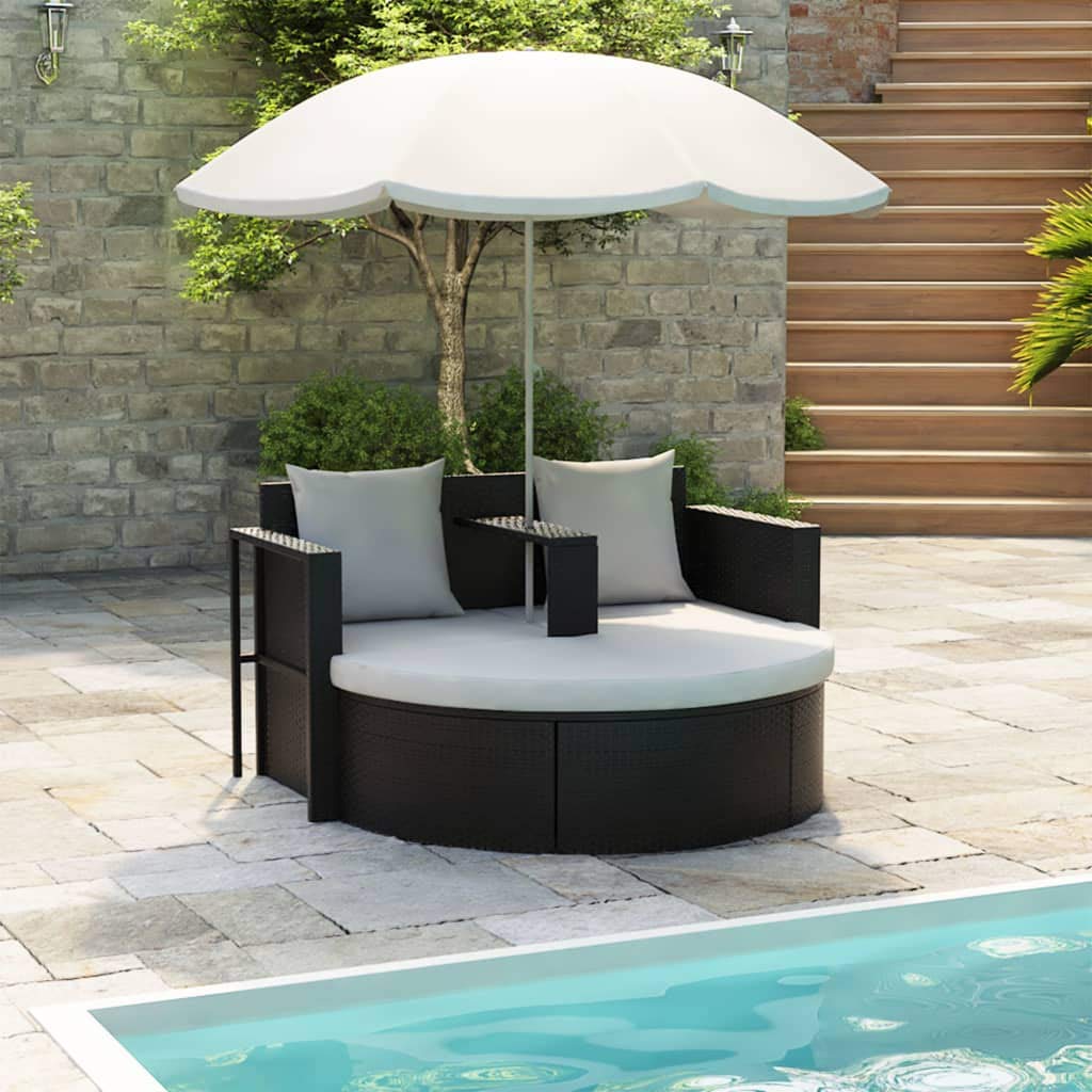 vidaXL Heim & Garten Gartenbett Poly Rattan Schwarz-Weiß mit Schirm