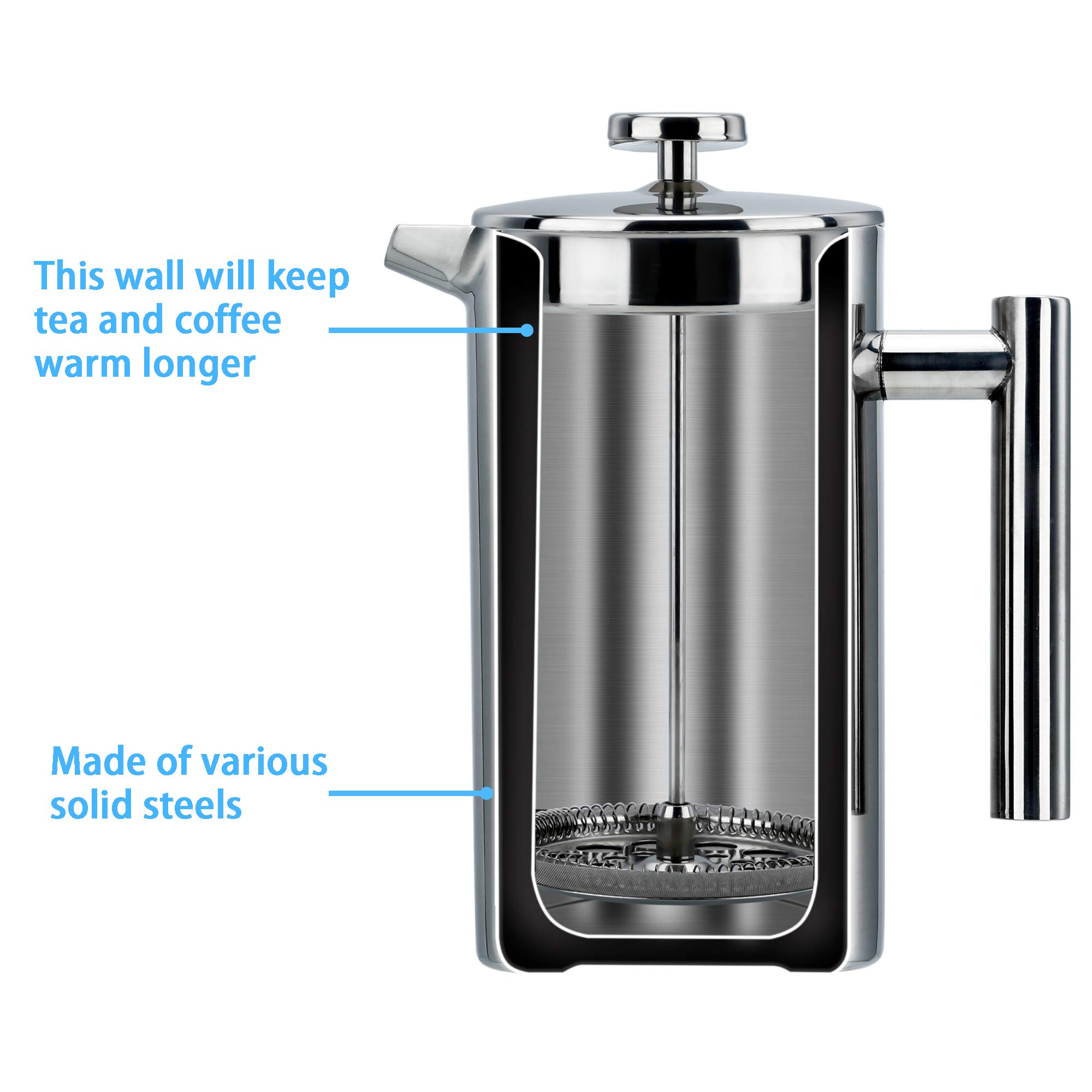Intirilife French Press Kaffeekanne 1 Liter Edelstahl Silber