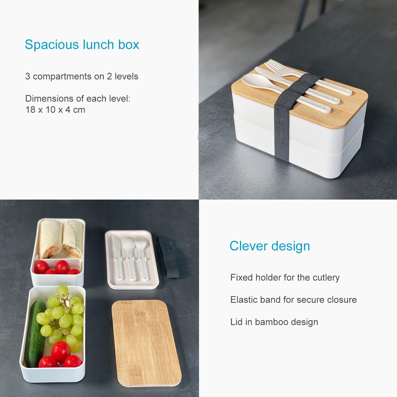Intirilife Bento Box Lunchbox weiß 2 Ebenen Bambusdeckel Besteck
