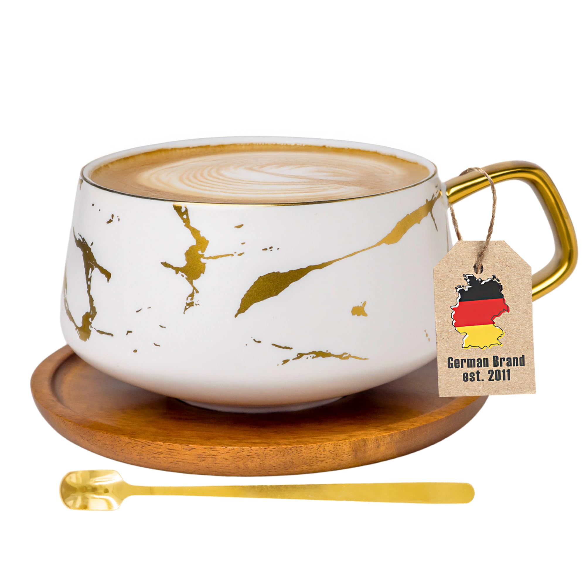 Intirilife Tasse Keramik Weiß Gold Marmor 300 ml mit Holzuntersetzer
