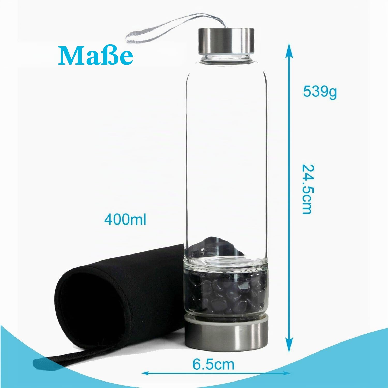 Intirilife Trinkflasche Glas Obsidian 400 ml mit Tasche