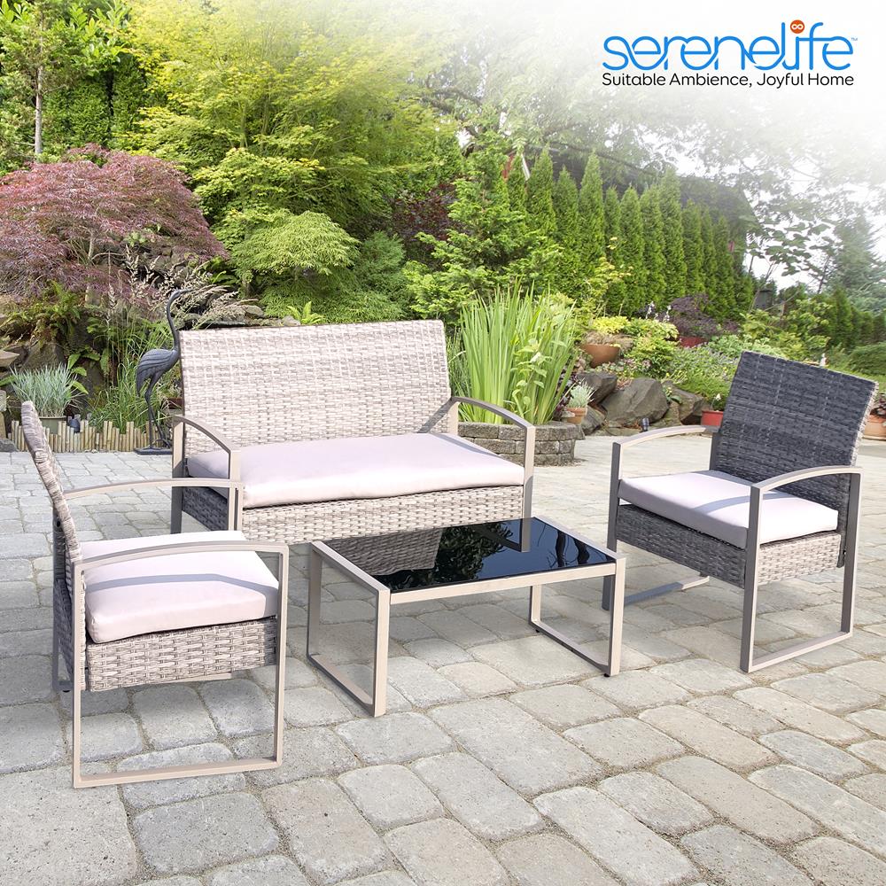 Serenelife Furniture Rattanset 4-teilig Taupe-Beige mit Glas